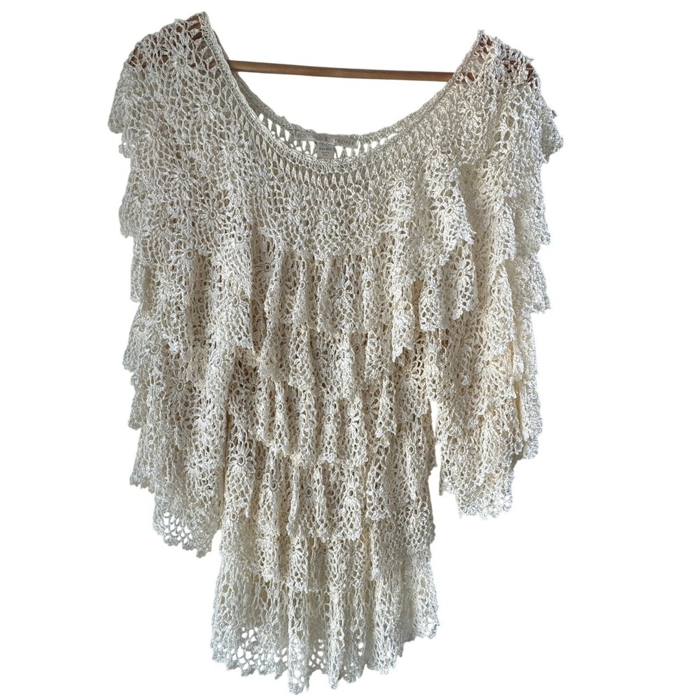 Boston Proper Womens Top M/L Ivory Tiered Ruffle Crochet Bell Sleeve Boho Scoop